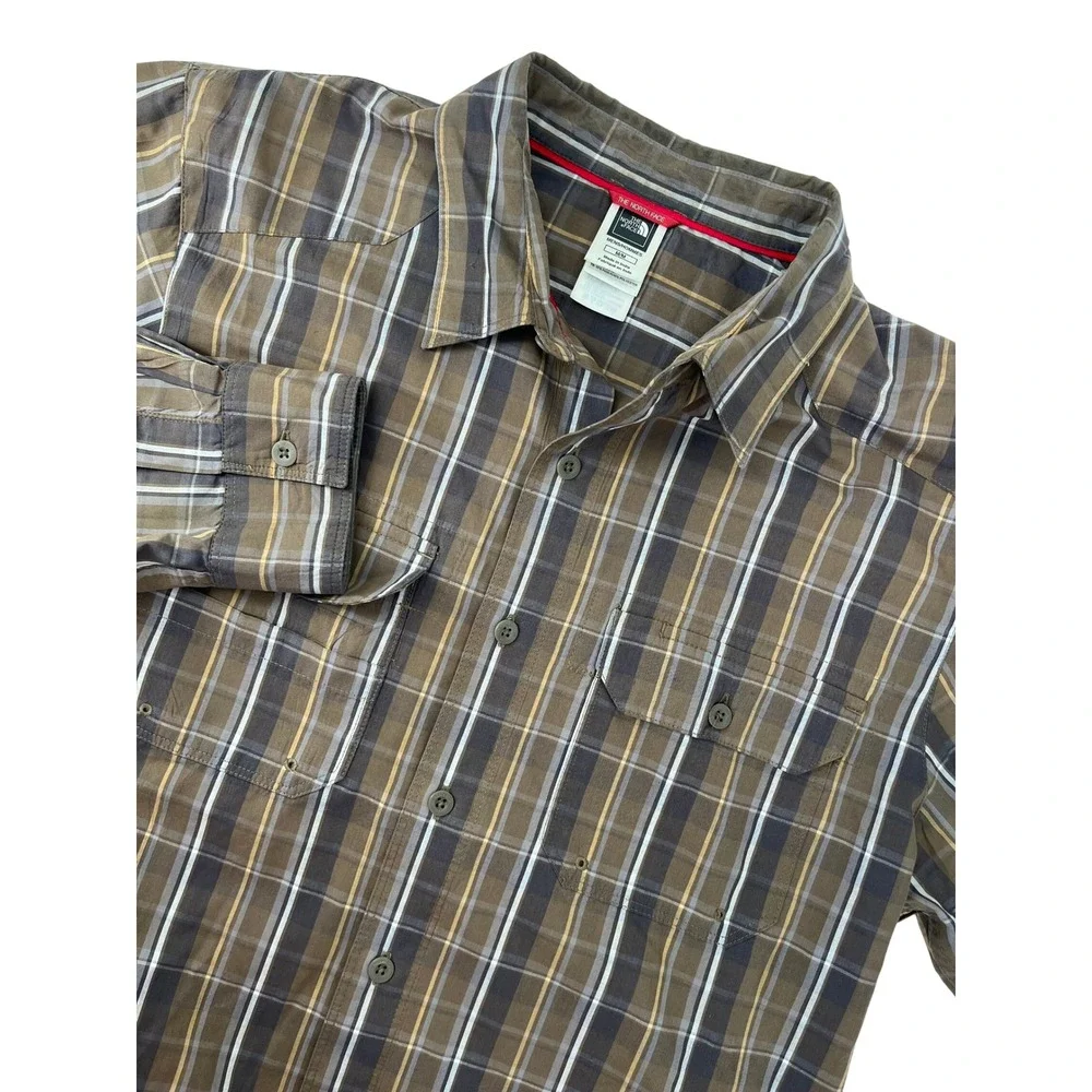 The North Face Mens Plaid Long Sleeve Button Down Shirt Brown Tan Grey Medium
